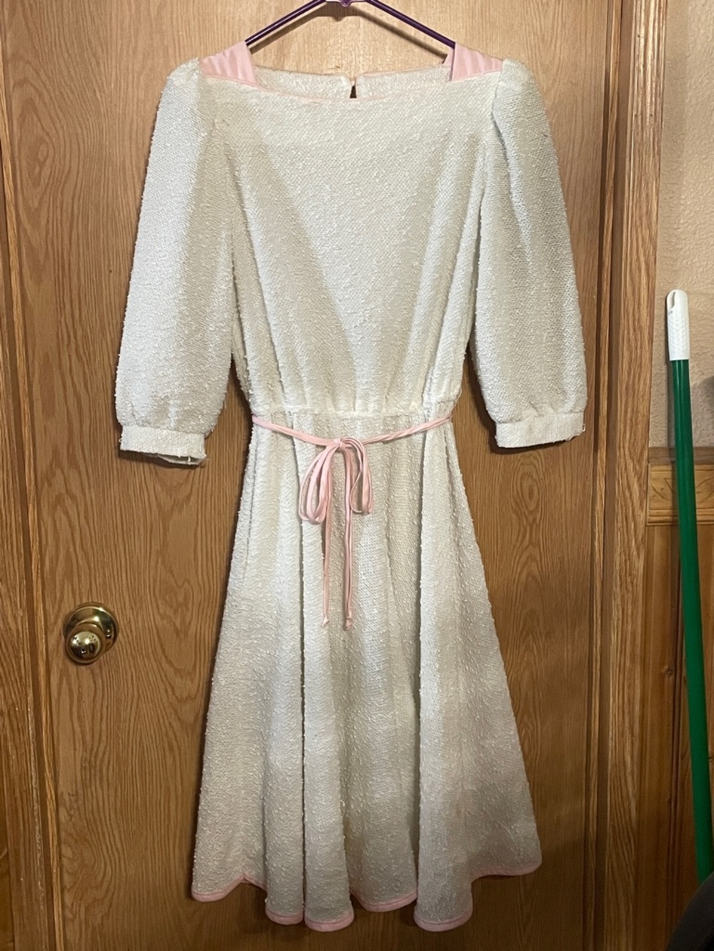Vintage Ivory Textured Midi Dress with Pink Trim
